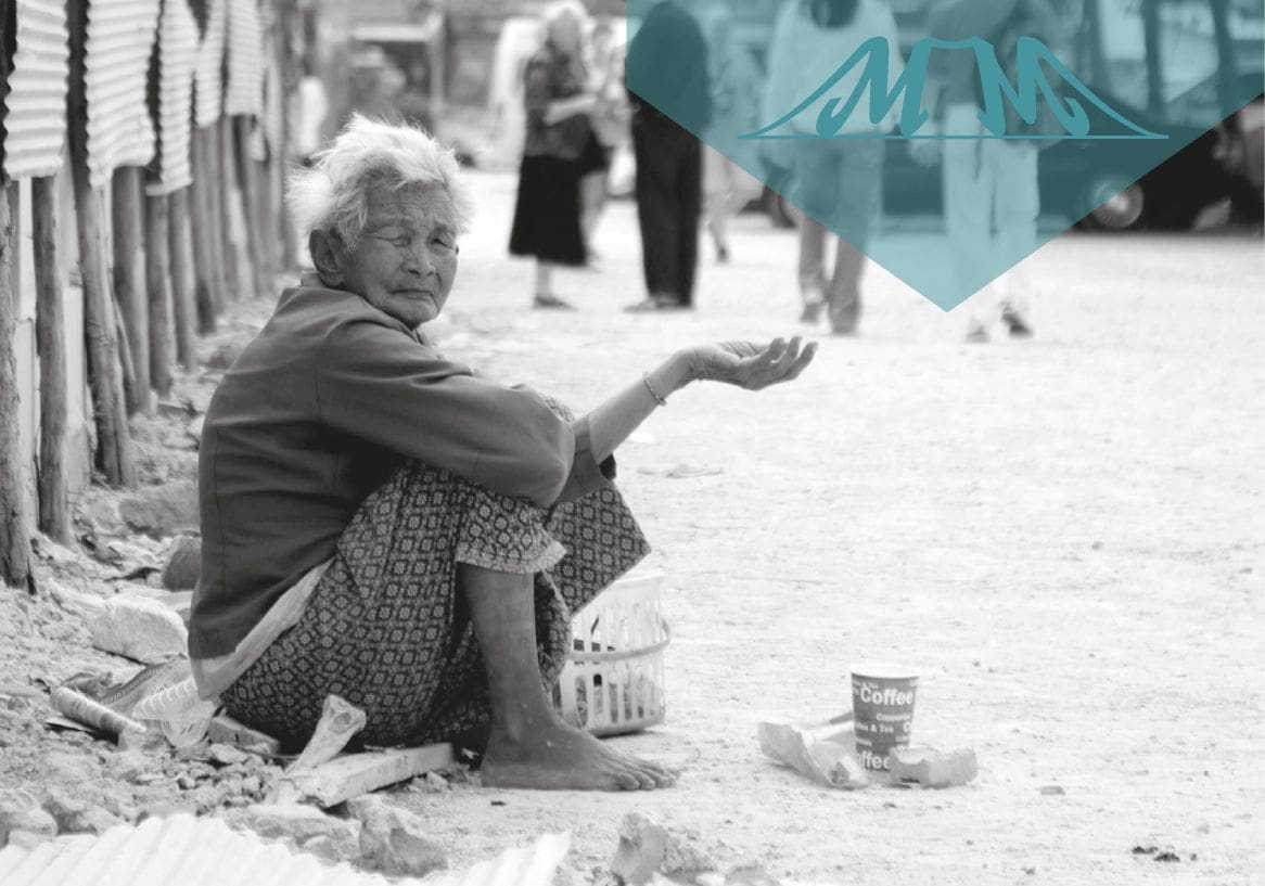 About Real Aid page1_0 Old person begging, black and white