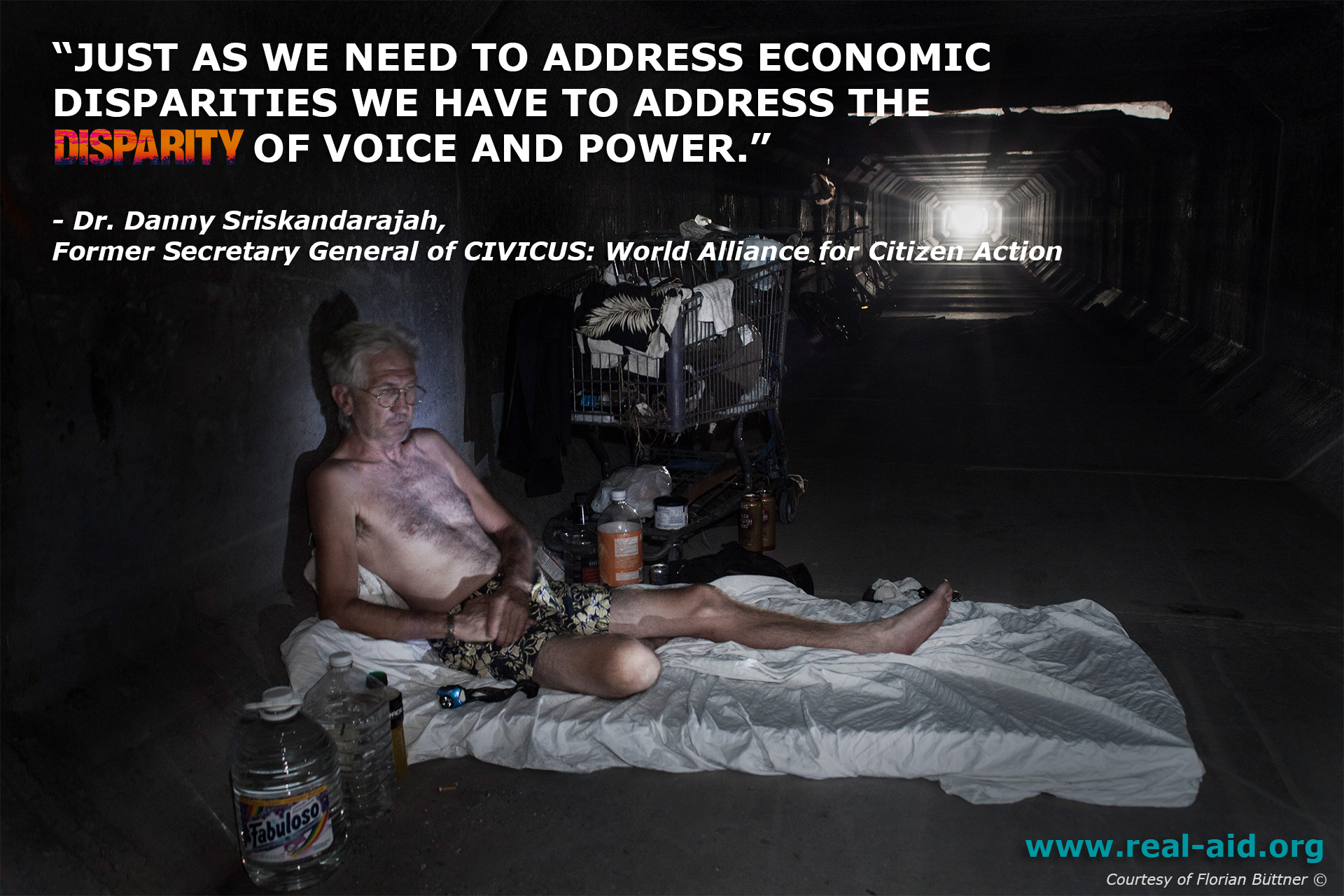 Disparity Film poster, Disparity of voice and power text, shirtless man on mattress inside tunnel