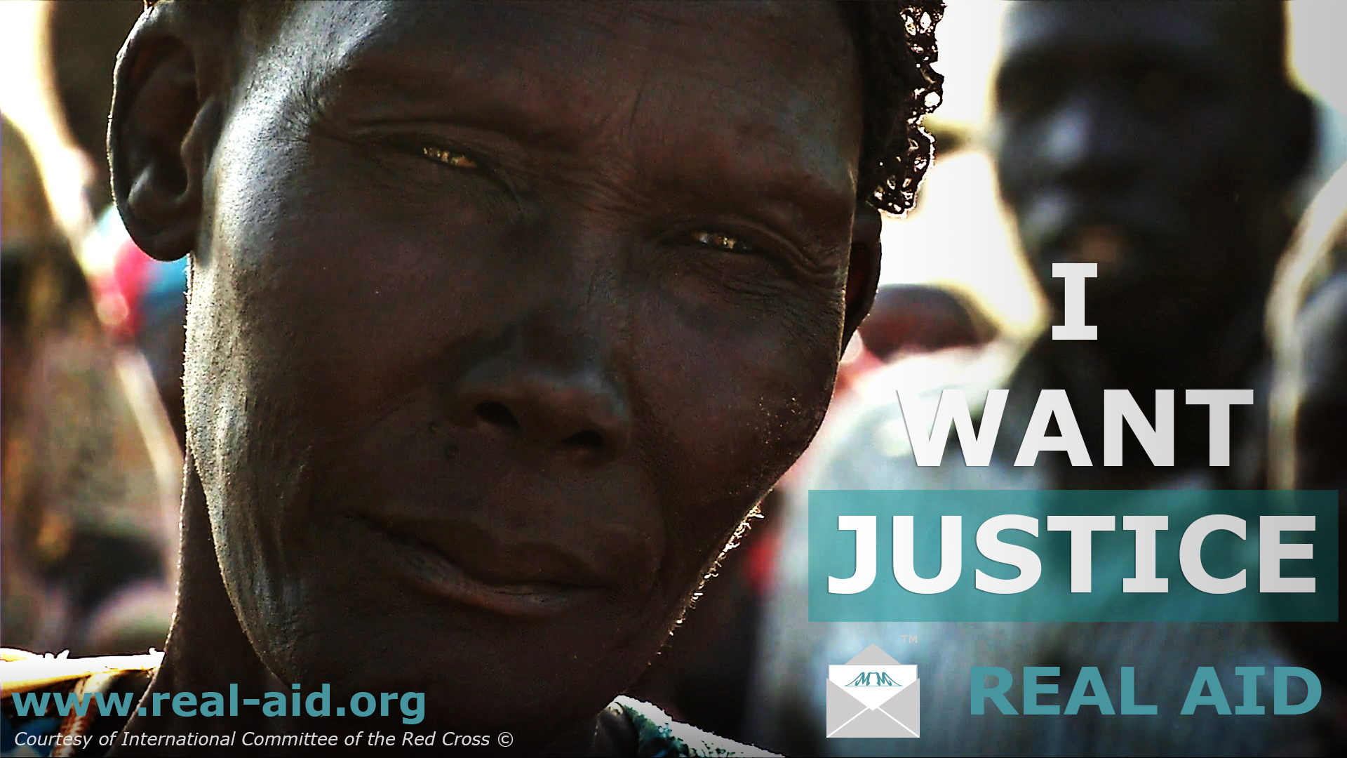 Real Aid sharing poster, I Want Justice text