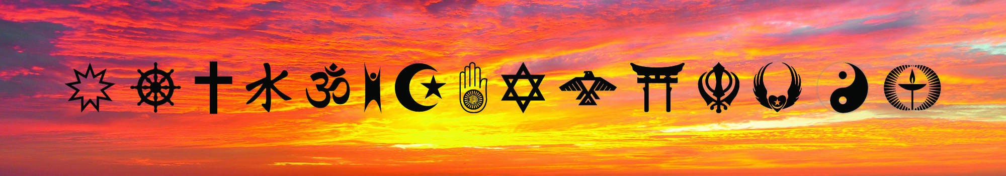 Print Multiple emblems of faith and religion with sunset background